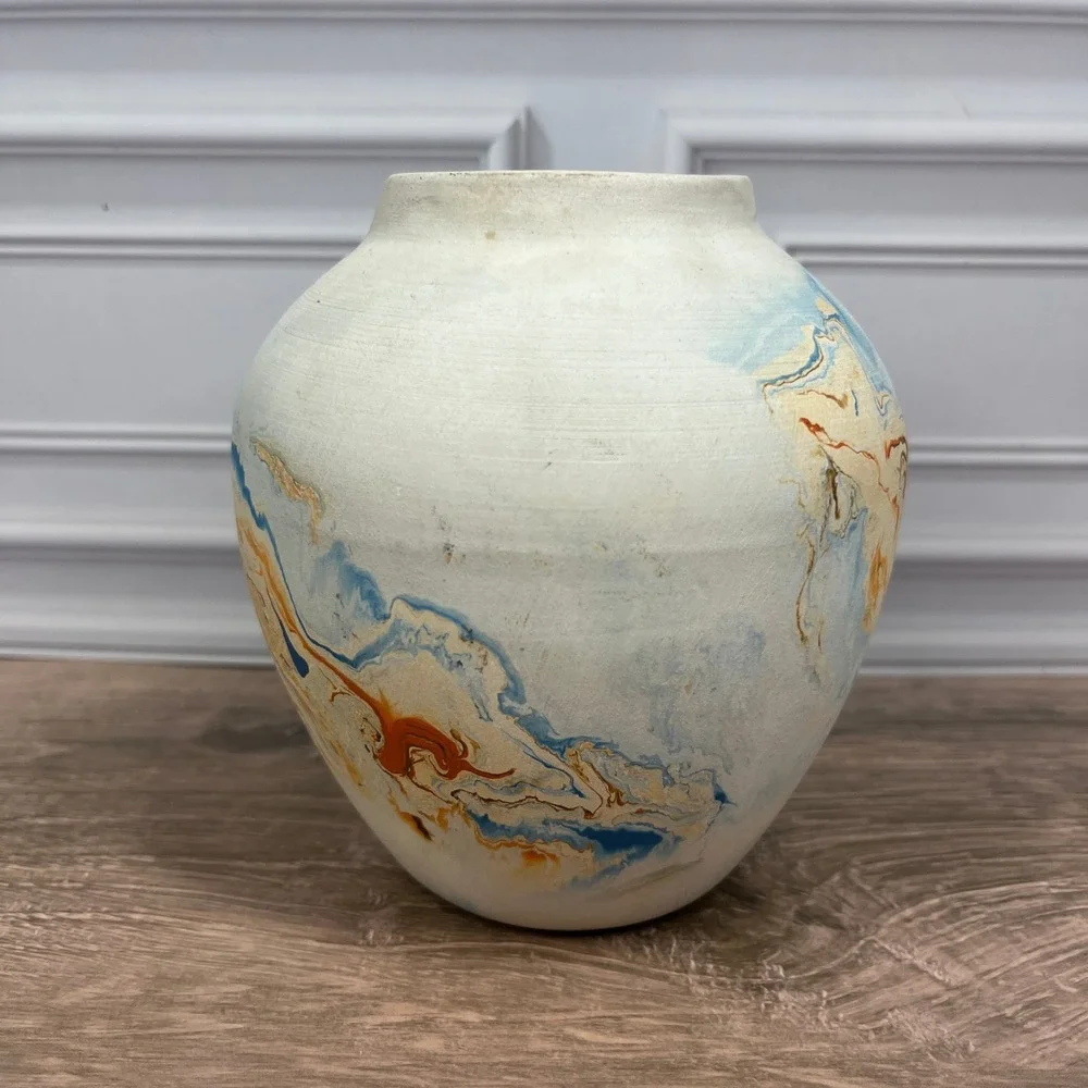 Nemadji Pottery Bud Vase 5 in Cream Blue Orange Marbled Swirl Made in USA